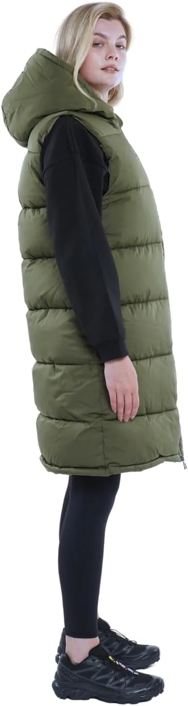 Women's Long Puffer Vest with Hood, Hidden Zipped Side Pockets, Stand Collar, Sleeveless Puffy Bubble Gilet Outwear