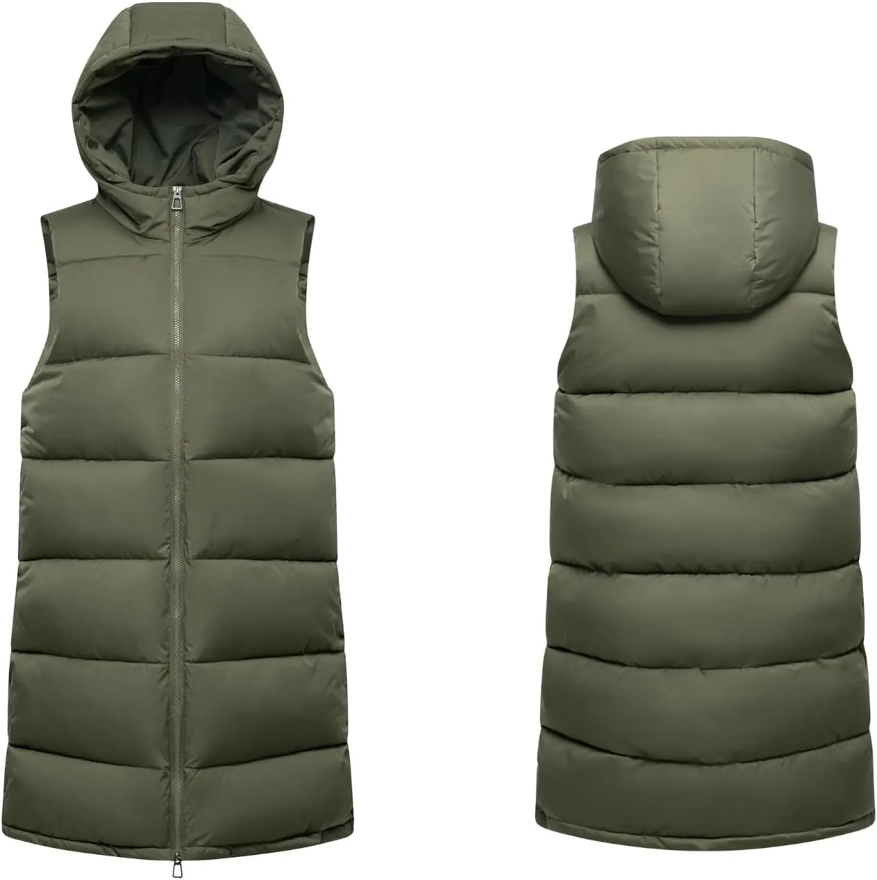 Women's Long Puffer Vest with Hood, Hidden Zipped Side Pockets, Stand Collar, Sleeveless Puffy Bubble Gilet Outwear
