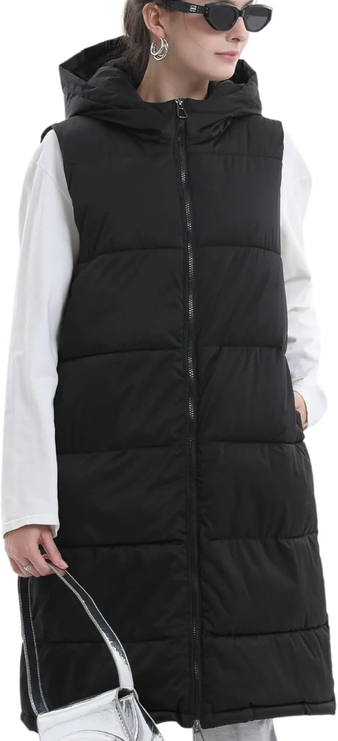 Women's Long Puffer Vest with Hood, Hidden Zipped Side Pockets, Stand Collar, Sleeveless Puffy Bubble Gilet Outwear