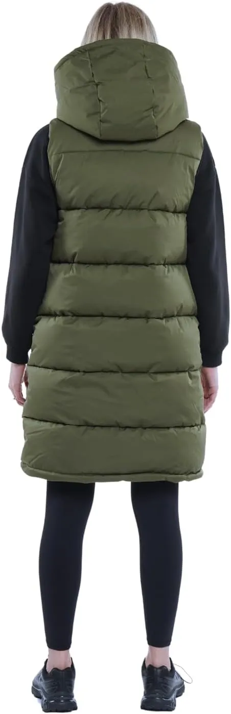 Women's Long Puffer Vest with Hood, Hidden Zipped Side Pockets, Stand Collar, Sleeveless Puffy Bubble Gilet Outwear