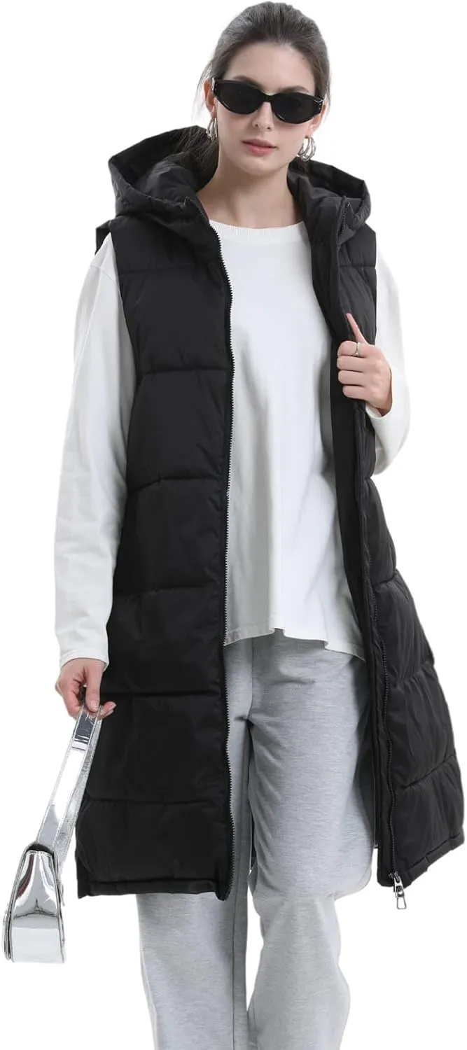 Women's Long Puffer Vest with Hood, Hidden Zipped Side Pockets, Stand Collar, Sleeveless Puffy Bubble Gilet Outwear