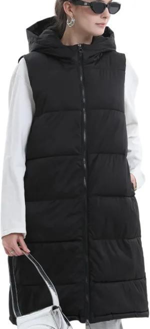 Women's Long Puffer Vest with Hood, Hidden Zipped Side Pockets, Stand Collar, Sleeveless Puffy Bubble Gilet Outwear