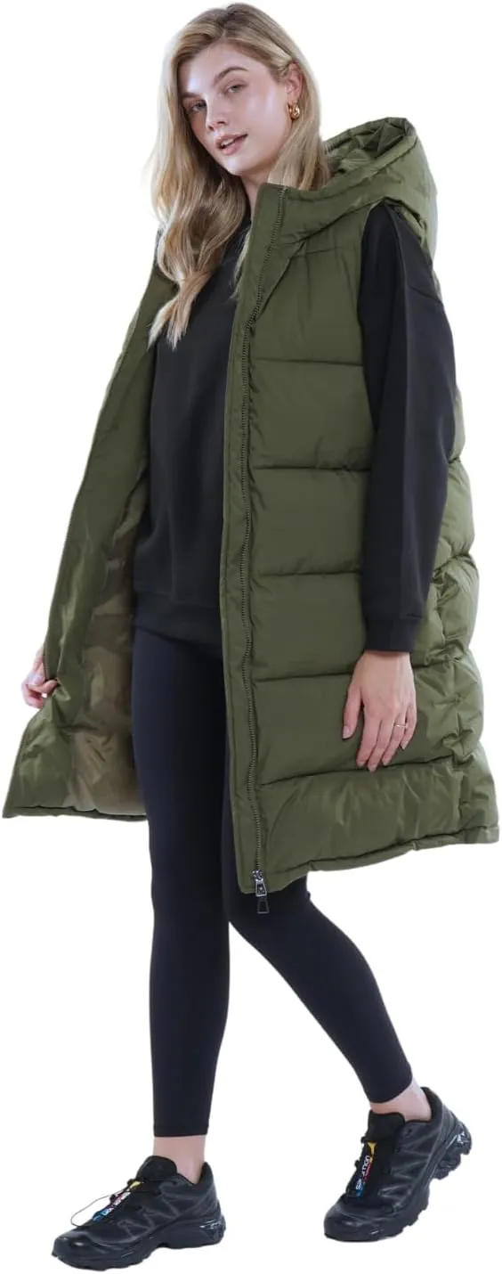 Women's Long Puffer Vest with Hood, Hidden Zipped Side Pockets, Stand Collar, Sleeveless Puffy Bubble Gilet Outwear