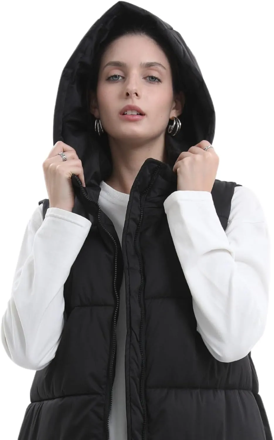 Women's Long Puffer Vest with Hood, Hidden Zipped Side Pockets, Stand Collar, Sleeveless Puffy Bubble Gilet Outwear