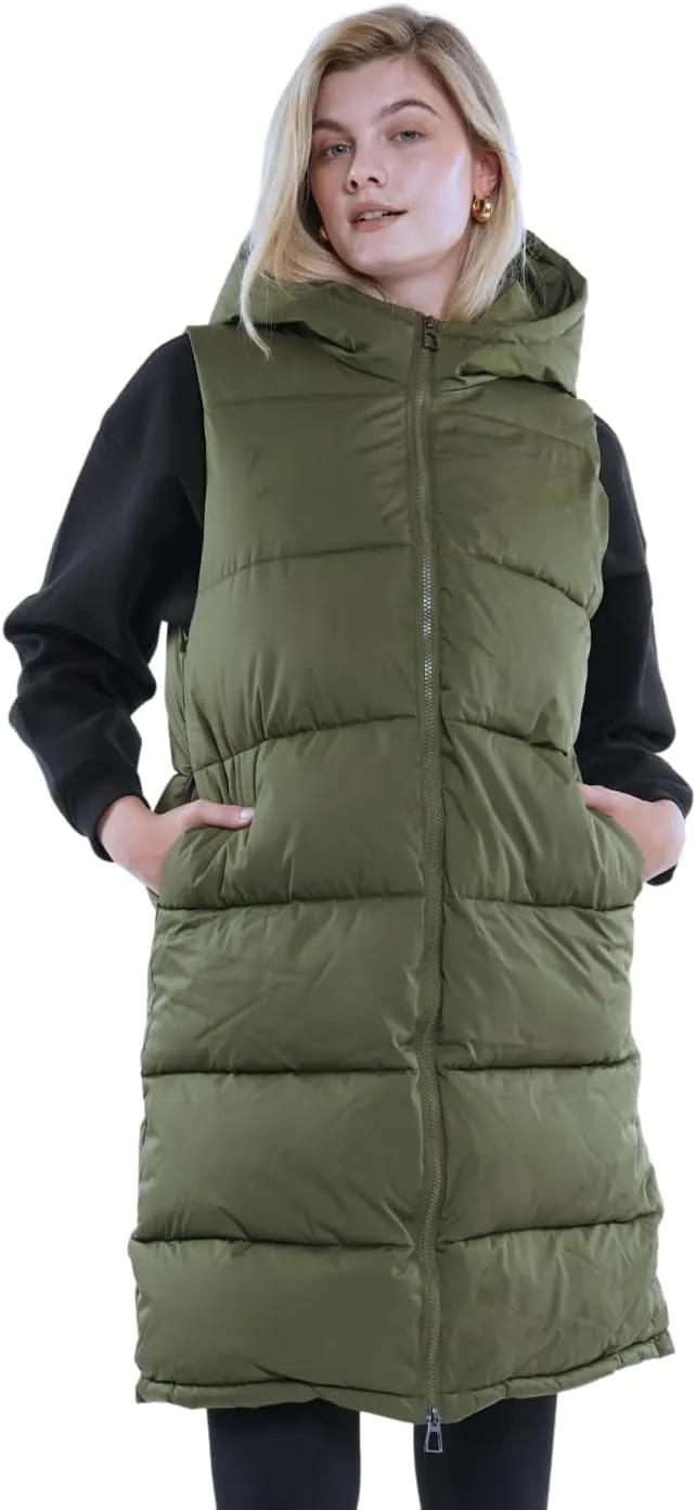 Women's Long Puffer Vest with Hood, Hidden Zipped Side Pockets, Stand Collar, Sleeveless Puffy Bubble Gilet Outwear