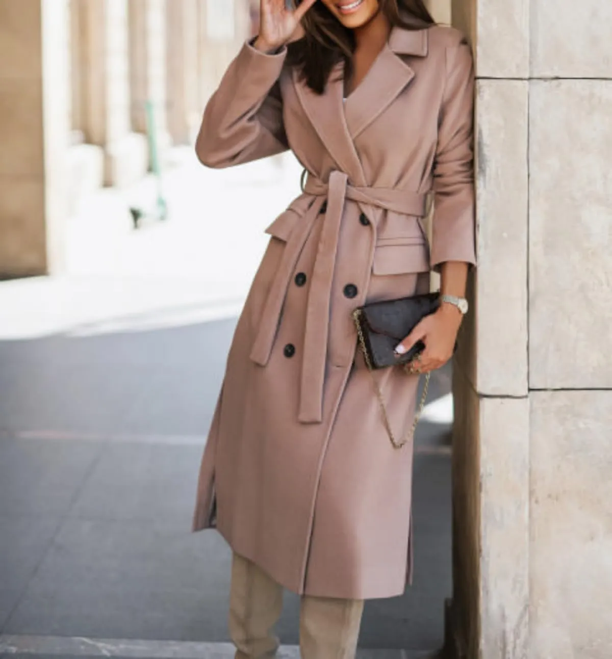 Women's Long Trench Coat, Oversized Double Breasted Lapel Overcoat, Fall Winter Warm Windproof Outerwear with Belt