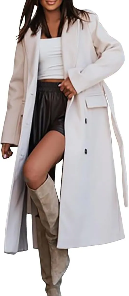 Women's Long Trench Coat, Oversized Double Breasted Lapel Overcoat, Fall Winter Warm Windproof Outerwear with Belt
