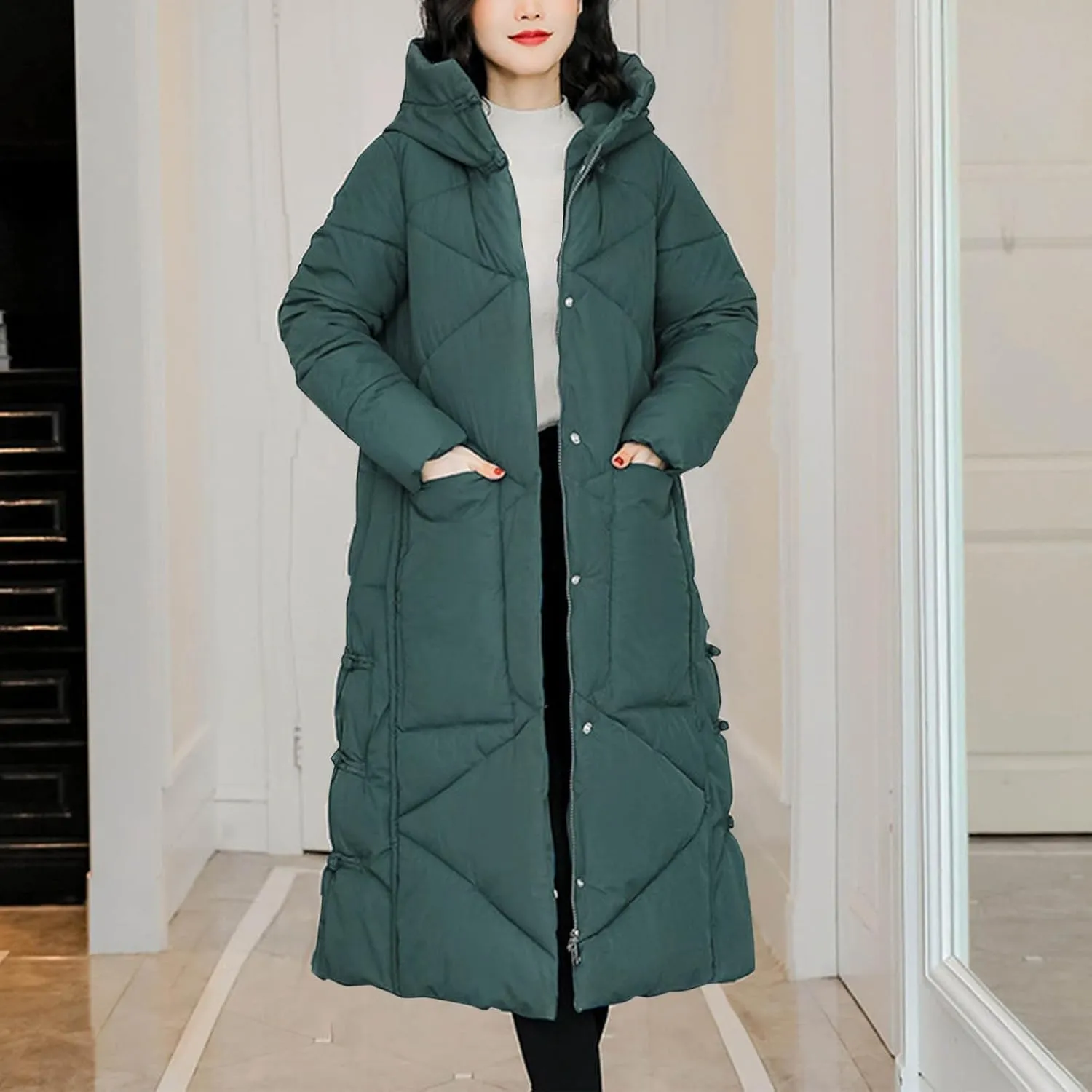 Women's Long Winter Puffer Coats Hooded Zip Up Thickened Parka Down Jackets Trendy Fashion Warm Outerwear 2024