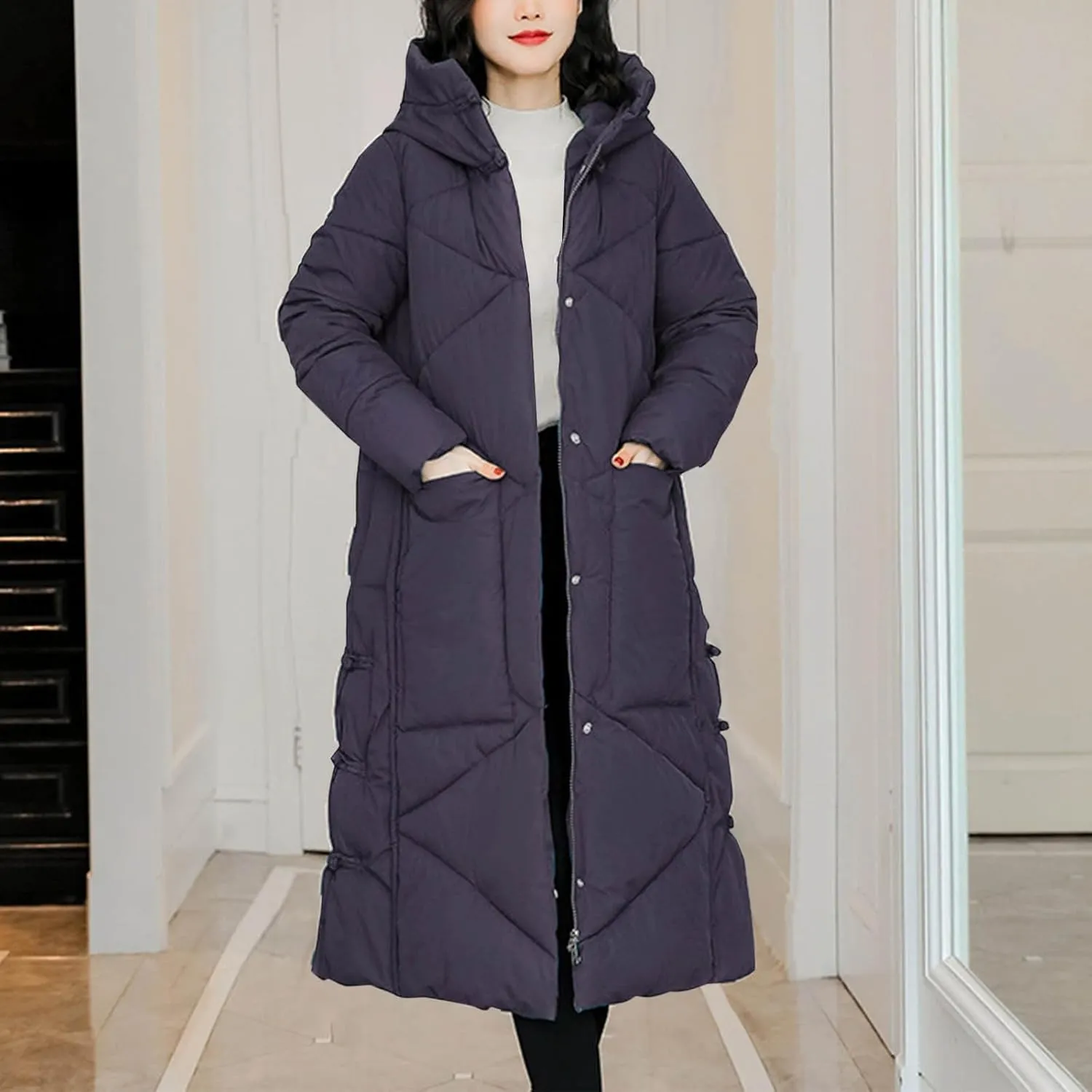 Women's Long Winter Puffer Coats Hooded Zip Up Thickened Parka Down Jackets Trendy Fashion Warm Outerwear 2024