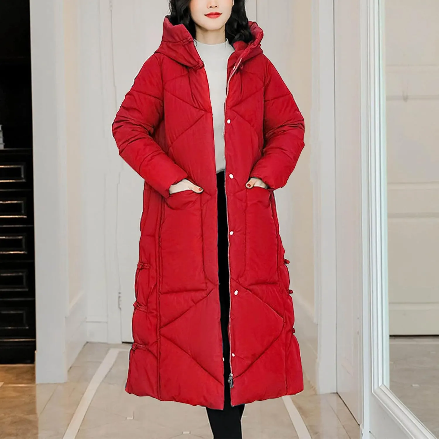 Women's Long Winter Puffer Coats Hooded Zip Up Thickened Parka Down Jackets Trendy Fashion Warm Outerwear 2024