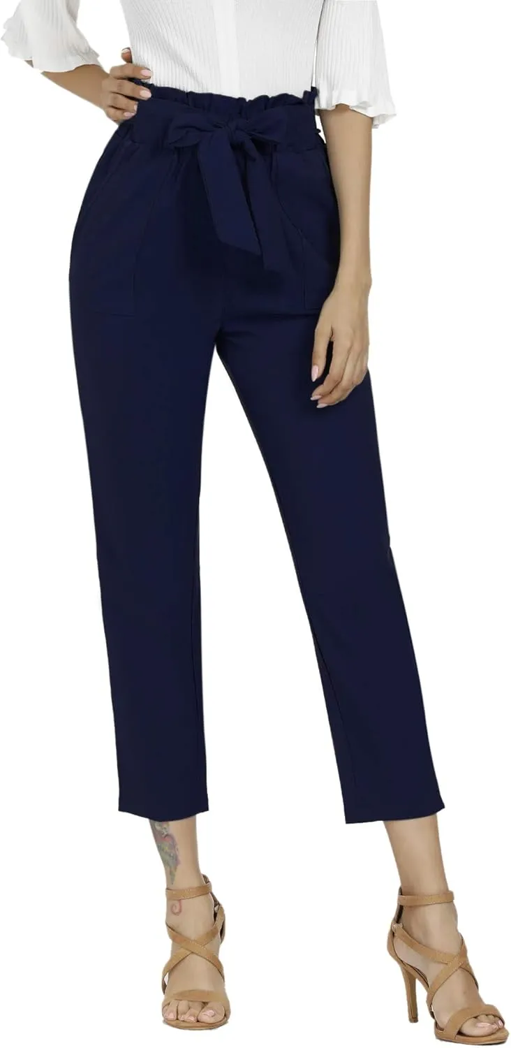 Women's Pants Casual Trouser Paper Bag Pants Elastic Waist Slim Pockets