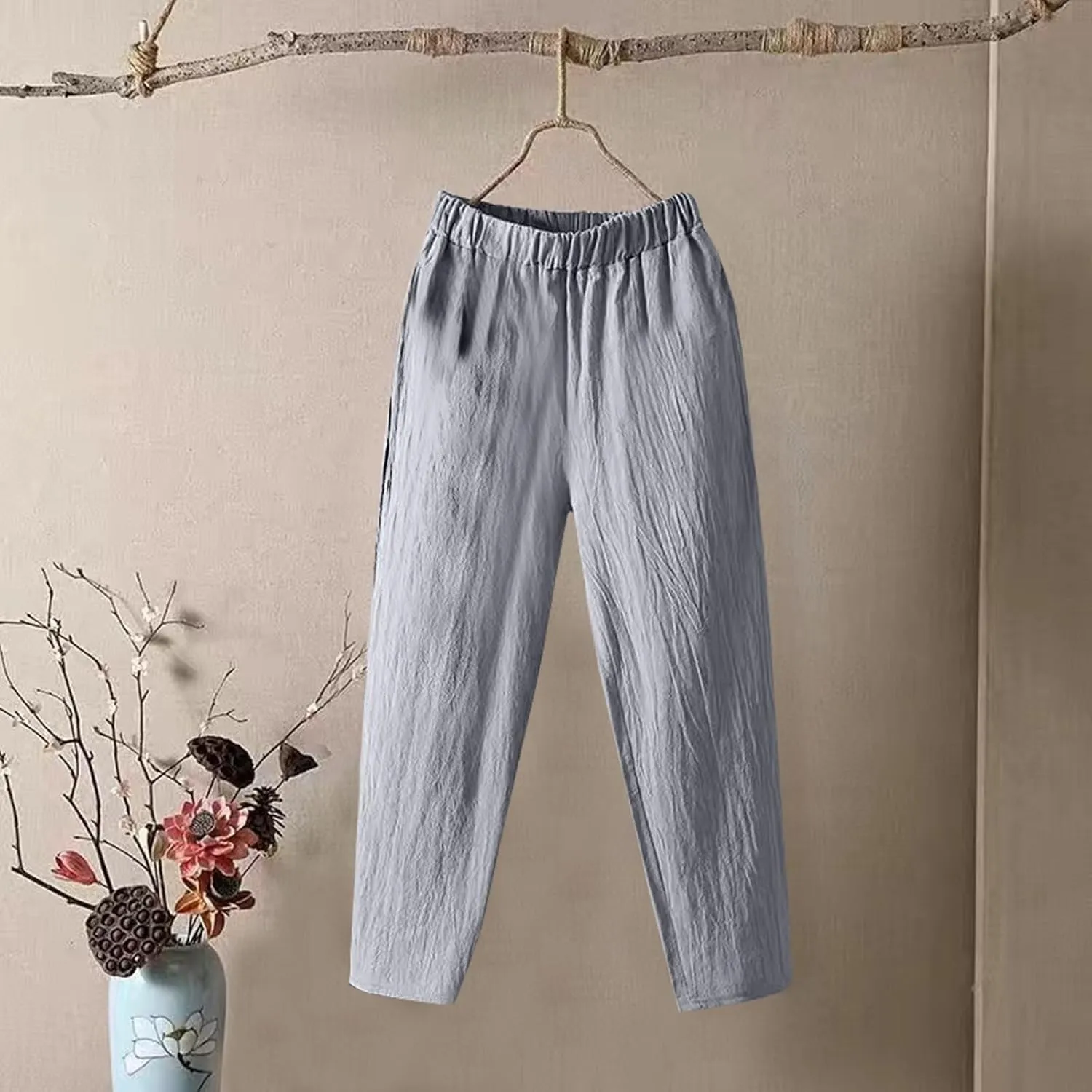 Womens Pants, Elastic Waist Straight Leg Casual Pants Peasant Linen High Wide