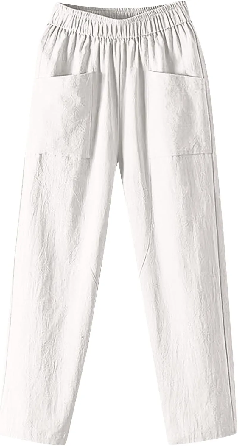 Womens Pants, Elastic Waist Straight Leg Casual Pants Peasant Linen High Wide