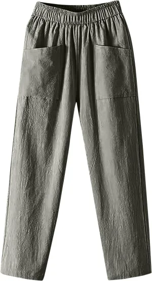 Womens Pants, Elastic Waist Straight Leg Casual Pants Peasant Linen High Wide