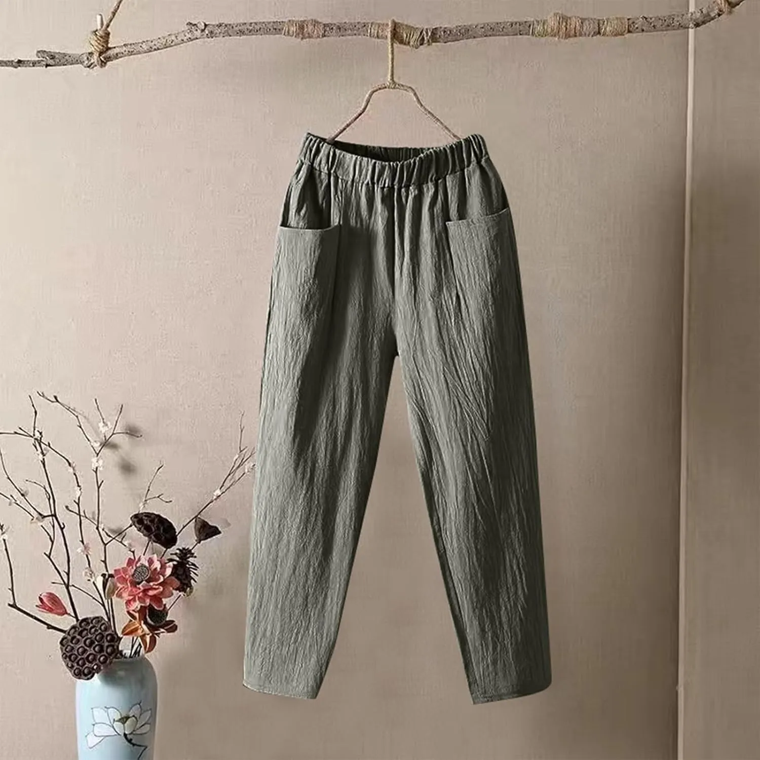 Womens Pants, Elastic Waist Straight Leg Casual Pants Peasant Linen High Wide