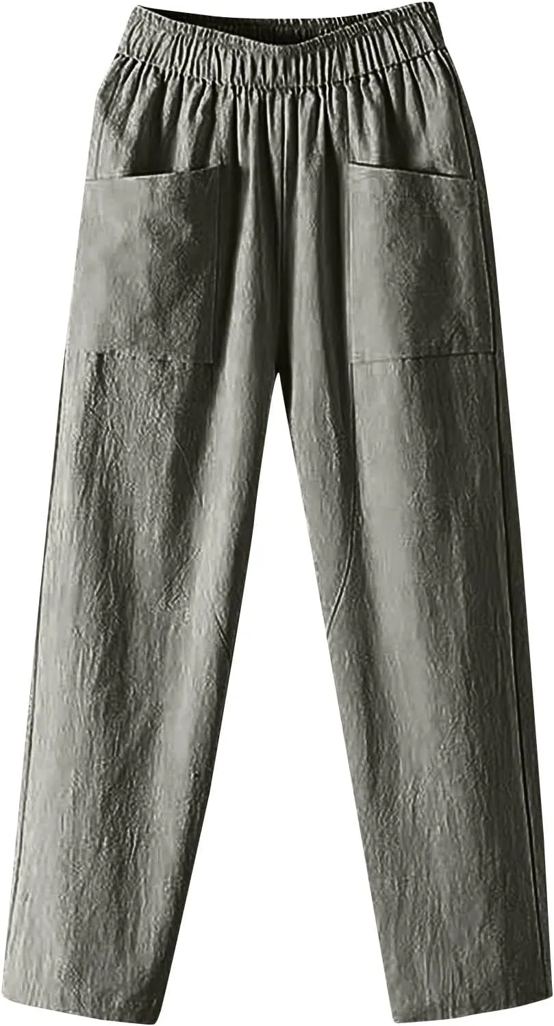 Womens Pants, Elastic Waist Straight Leg Casual Pants Peasant Linen High Wide