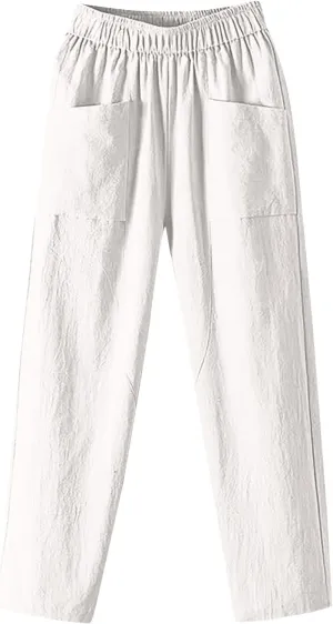Womens Pants, Elastic Waist Straight Leg Casual Pants Peasant Linen High Wide