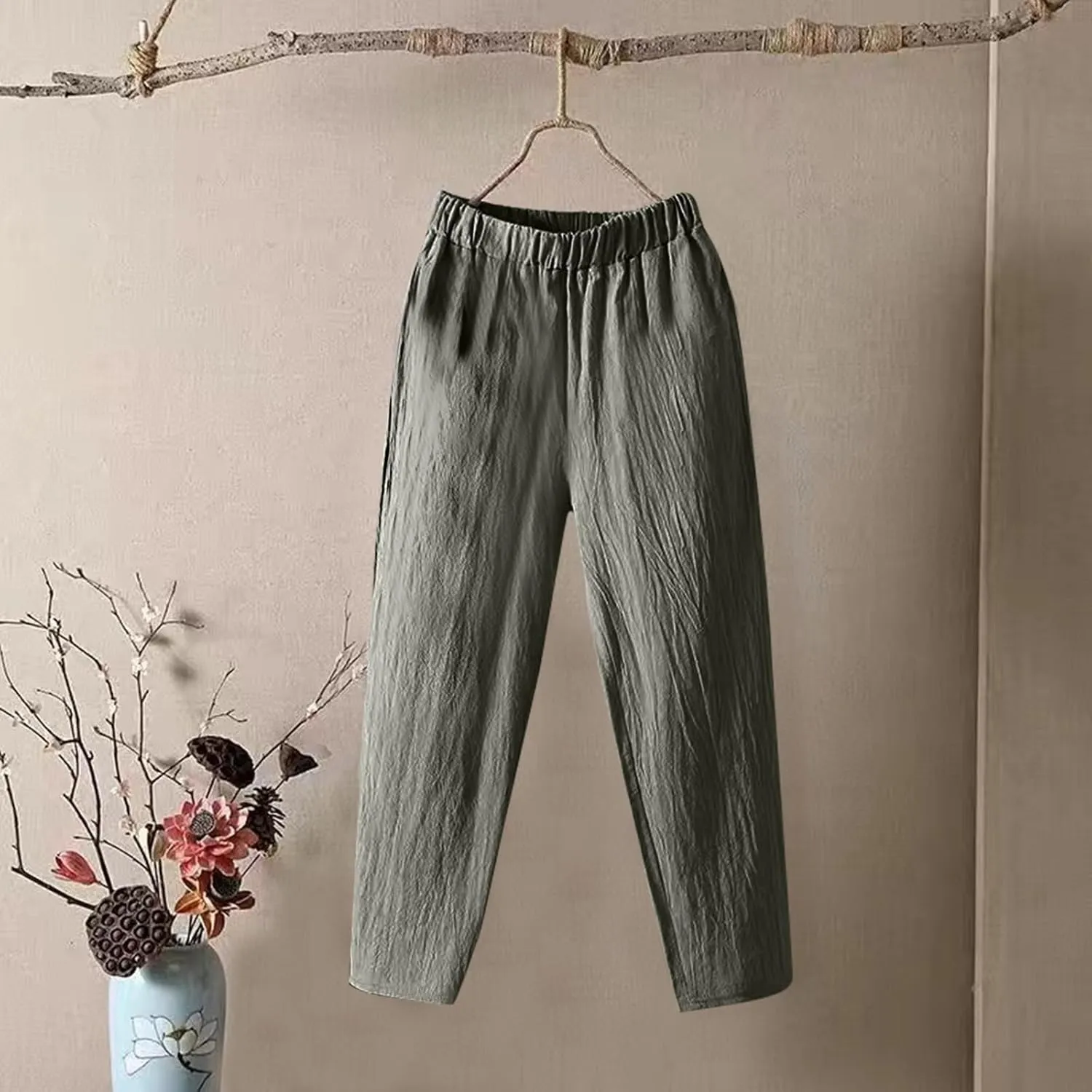 Womens Pants, Elastic Waist Straight Leg Casual Pants Peasant Linen High Wide