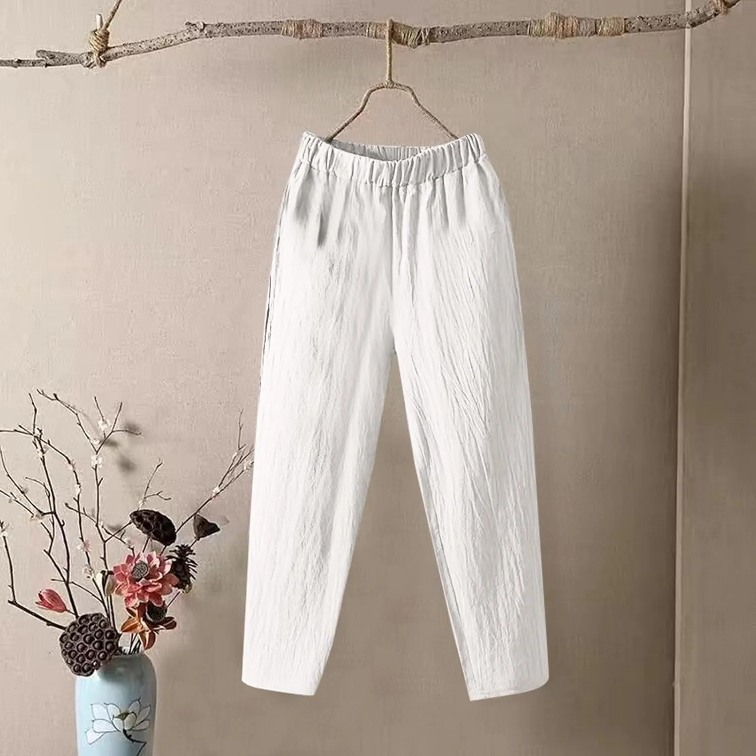 Womens Pants, Elastic Waist Straight Leg Casual Pants Peasant Linen High Wide