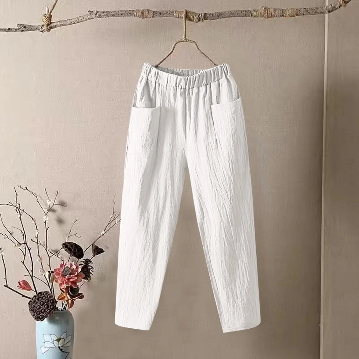 Womens Pants, Elastic Waist Straight Leg Casual Pants Peasant Linen High Wide