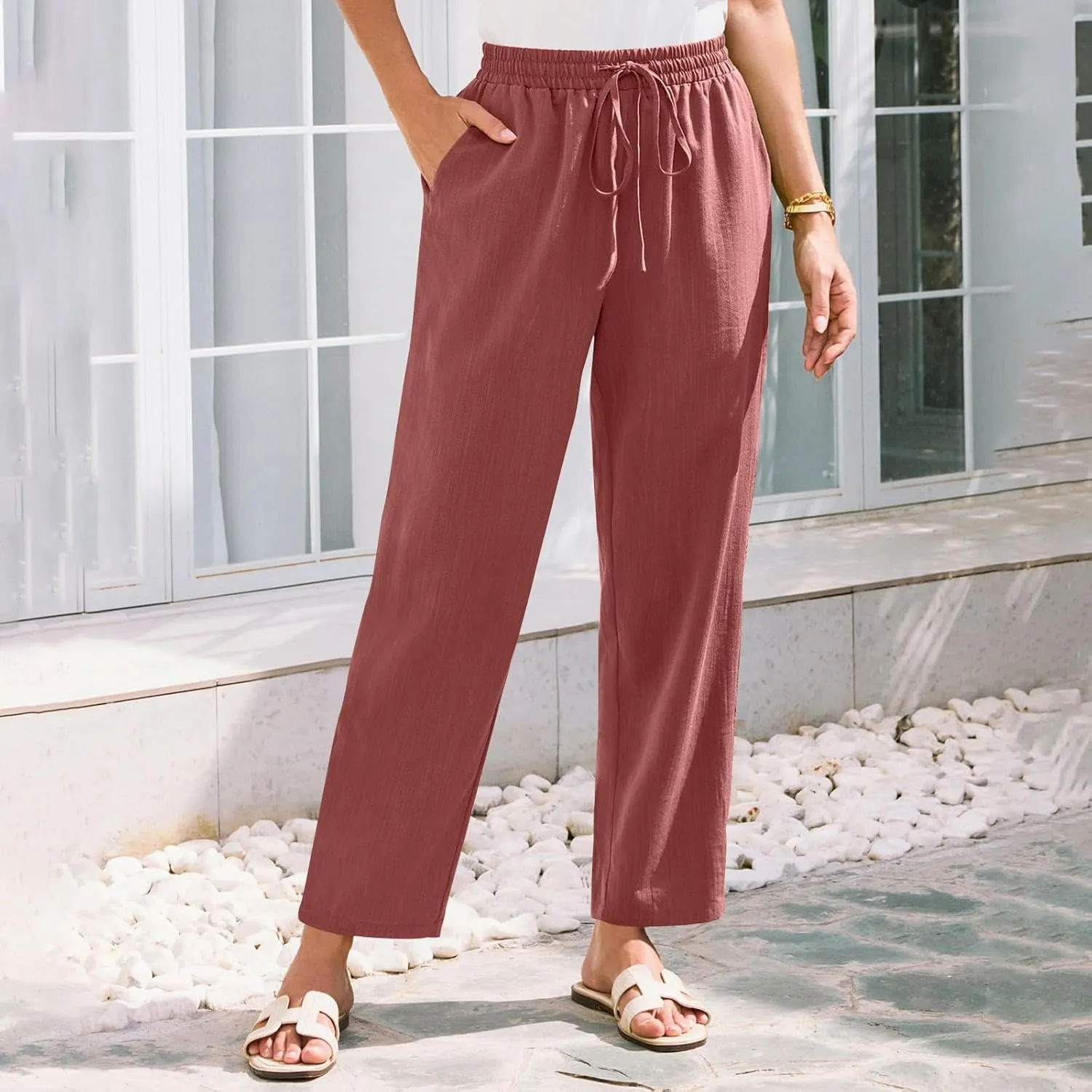 Women's Pants, Linen Casual Lounge Pants Peasant Straight Leg Elastic Waist Wide