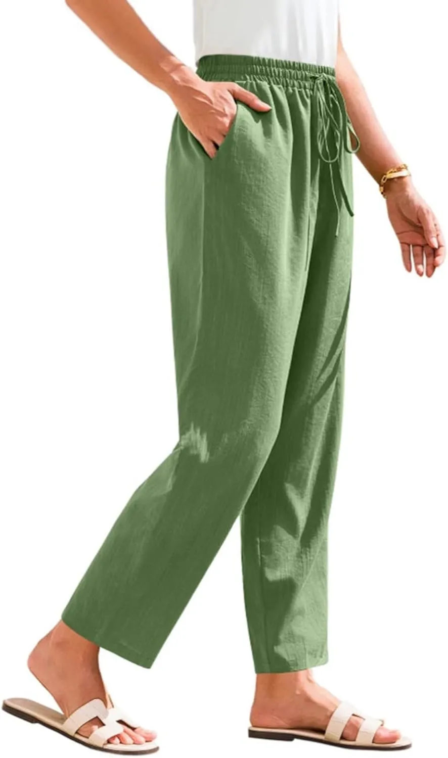 Women's Pants, Linen Casual Lounge Pants Peasant Straight Leg Elastic Waist Wide