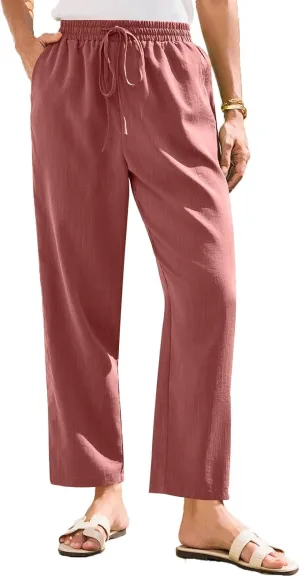 Women's Pants, Linen Casual Lounge Pants Peasant Straight Leg Elastic Waist Wide