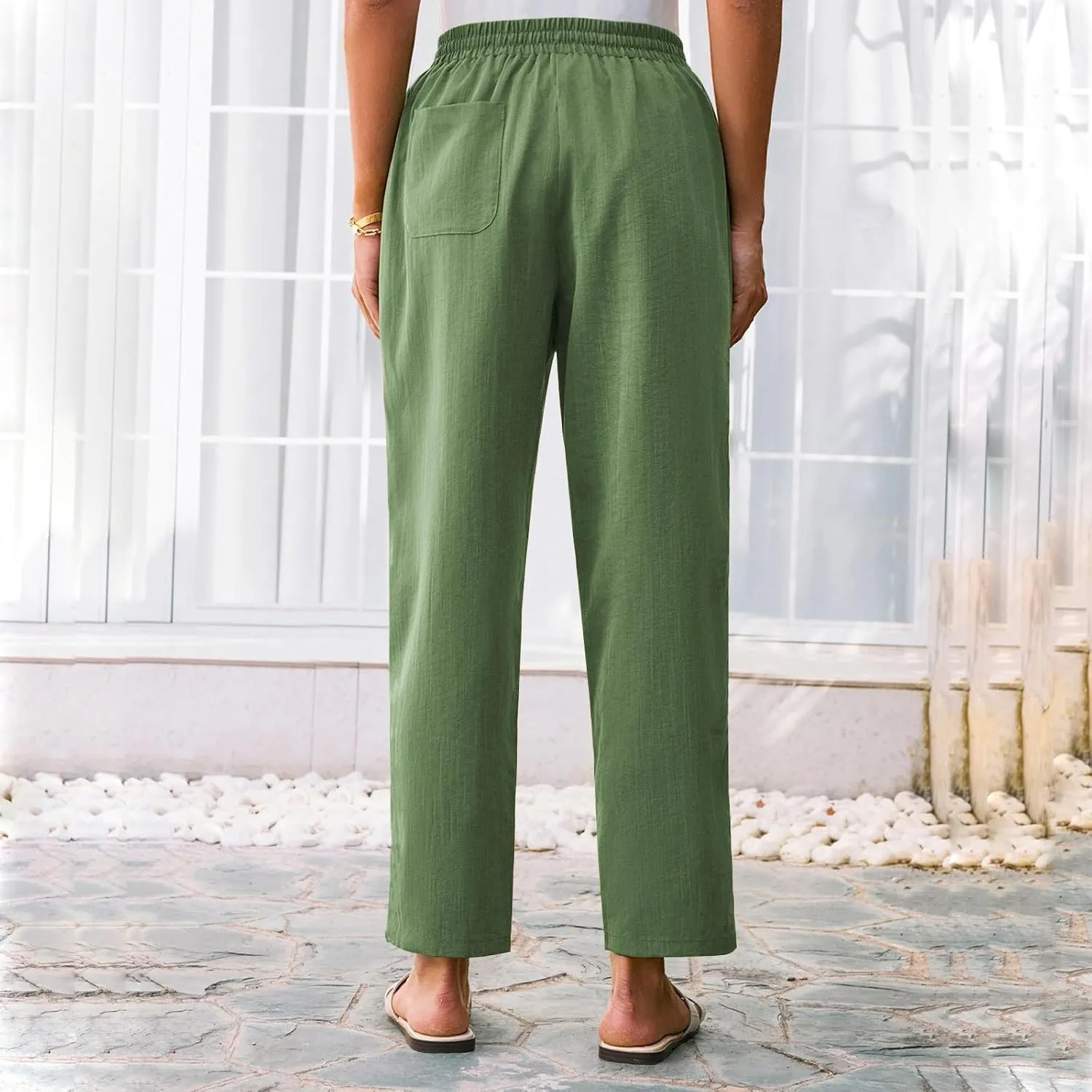Women's Pants, Linen Casual Lounge Pants Peasant Straight Leg Elastic Waist Wide