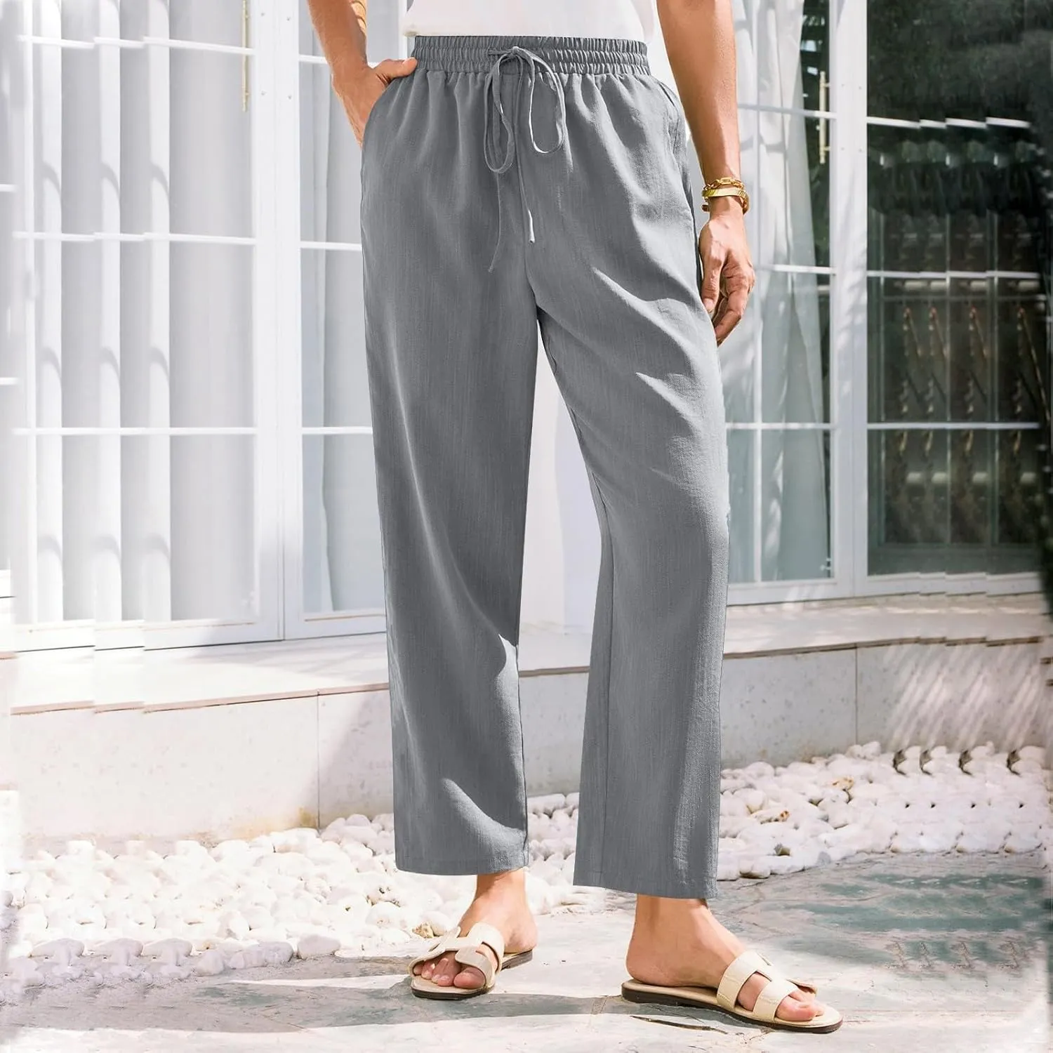Women's Pants, Linen Casual Lounge Pants Peasant Straight Leg Elastic Waist Wide