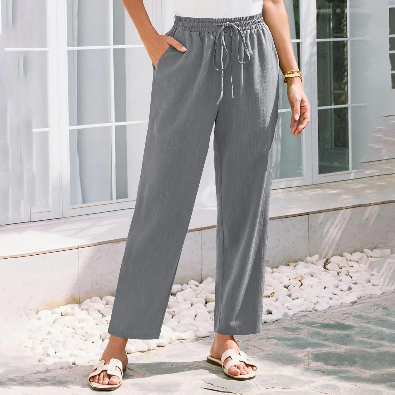 Women's Pants, Linen Casual Lounge Pants Peasant Straight Leg Elastic Waist Wide
