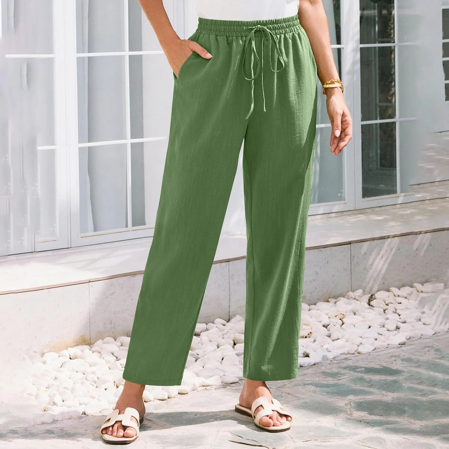 Women's Pants, Linen Casual Lounge Pants Peasant Straight Leg Elastic Waist Wide