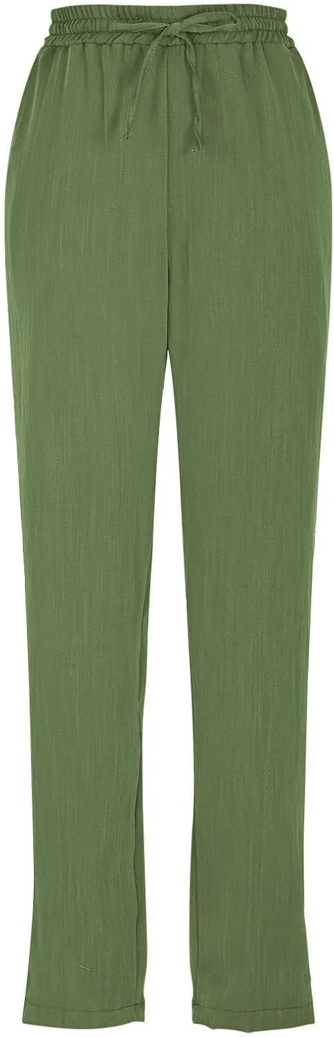 Women's Pants, Linen Casual Lounge Pants Peasant Straight Leg Elastic Waist Wide