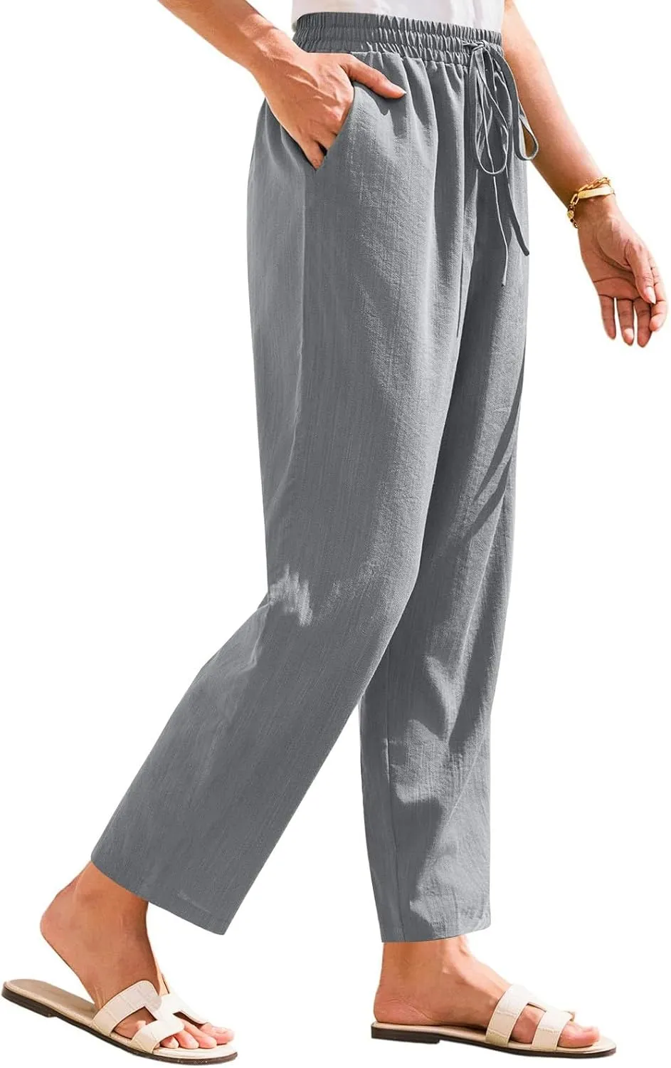 Women's Pants, Linen Casual Lounge Pants Peasant Straight Leg Elastic Waist Wide