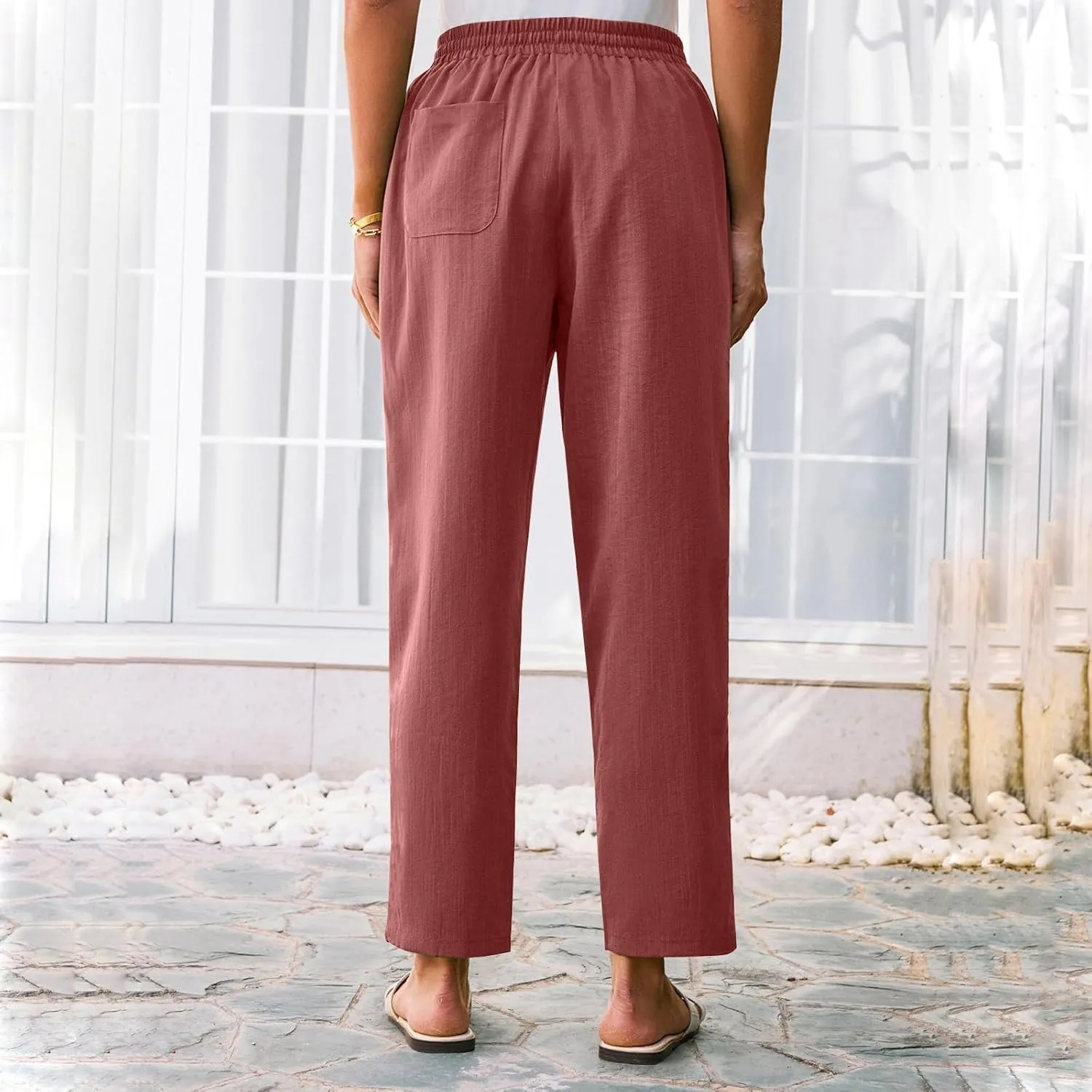 Women's Pants, Linen Casual Lounge Pants Peasant Straight Leg Elastic Waist Wide