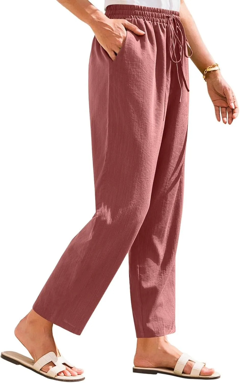 Women's Pants, Linen Casual Lounge Pants Peasant Straight Leg Elastic Waist Wide