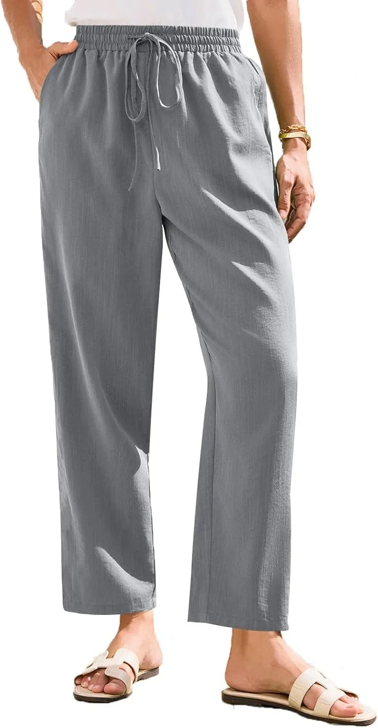 Women's Pants, Linen Casual Lounge Pants Peasant Straight Leg Elastic Waist Wide