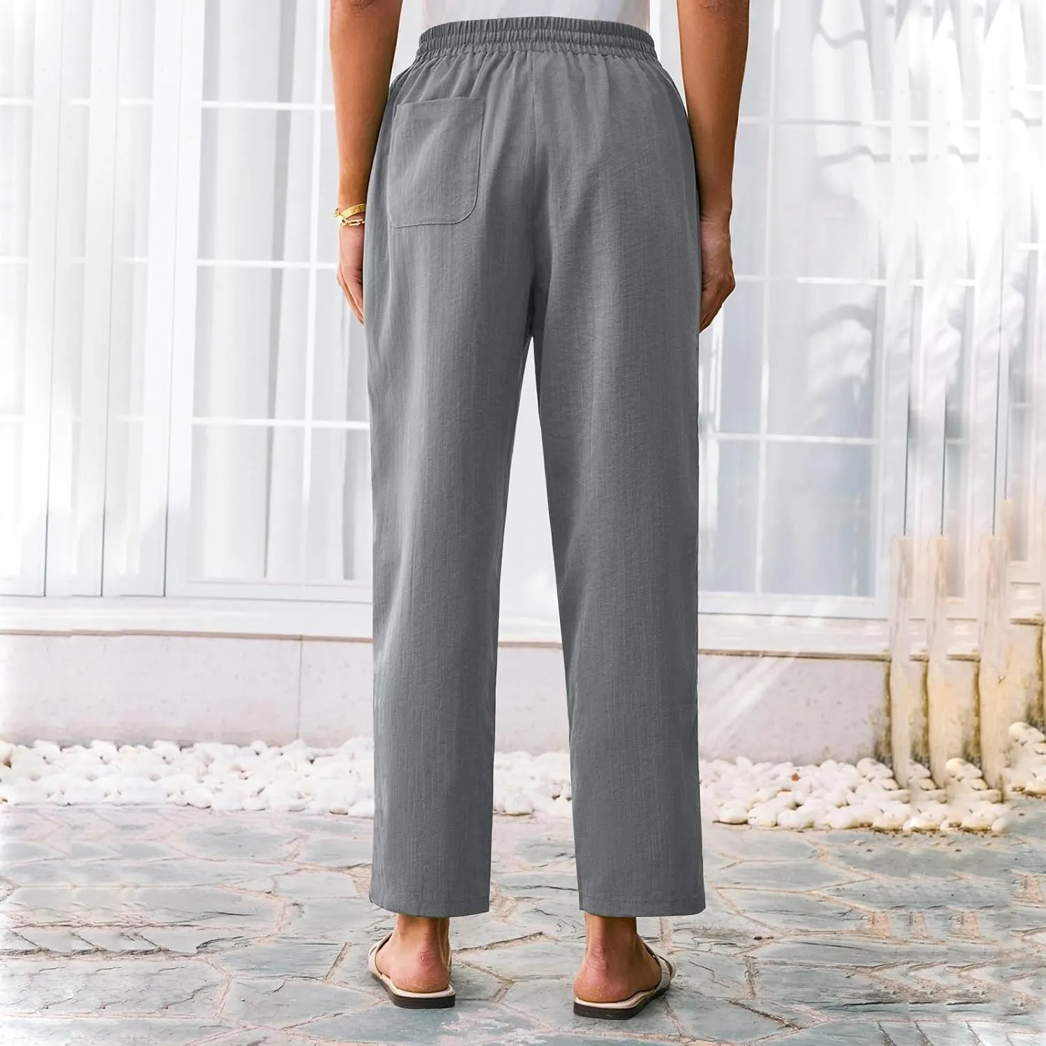 Women's Pants, Linen Casual Lounge Pants Peasant Straight Leg Elastic Waist Wide