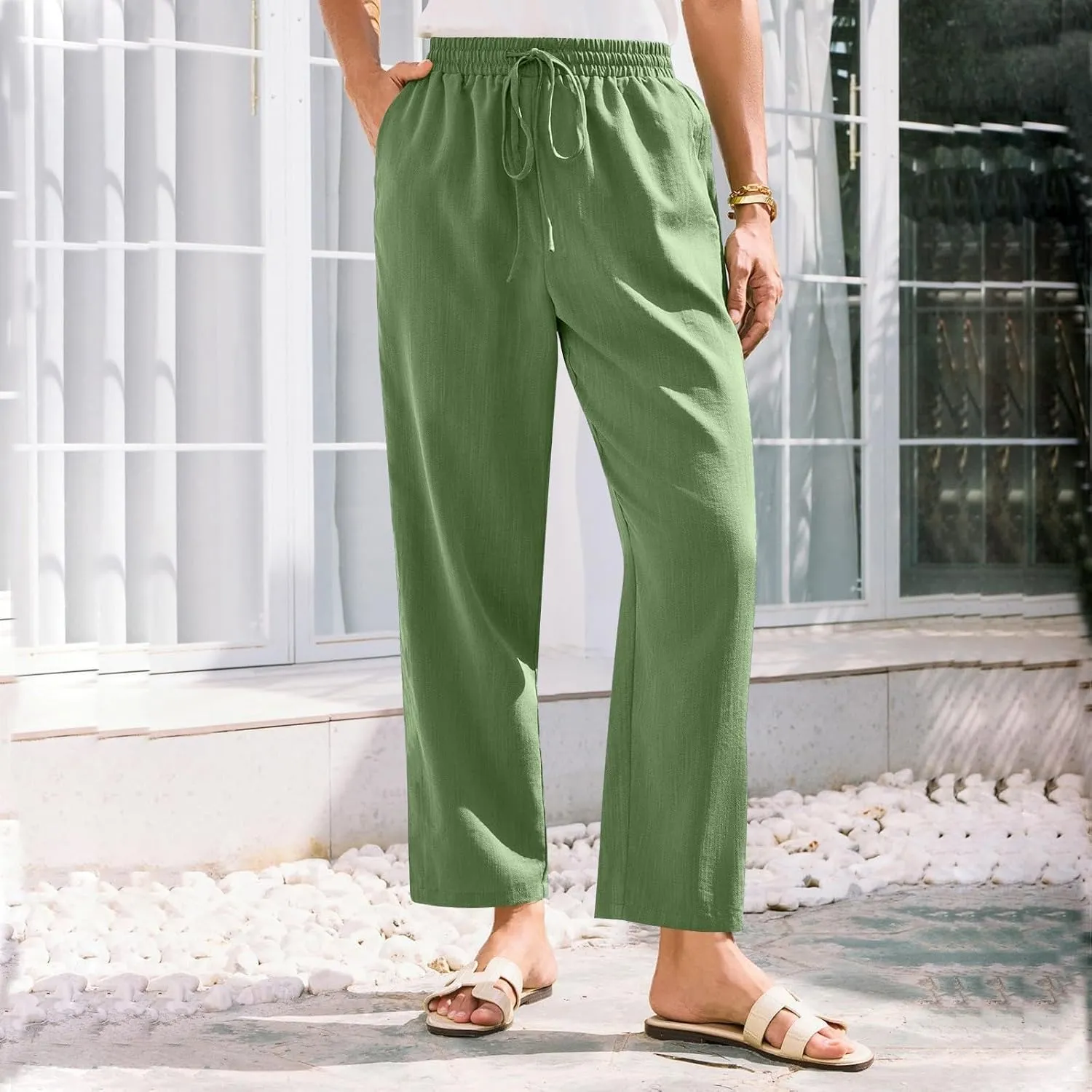 Women's Pants, Linen Casual Lounge Pants Peasant Straight Leg Elastic Waist Wide