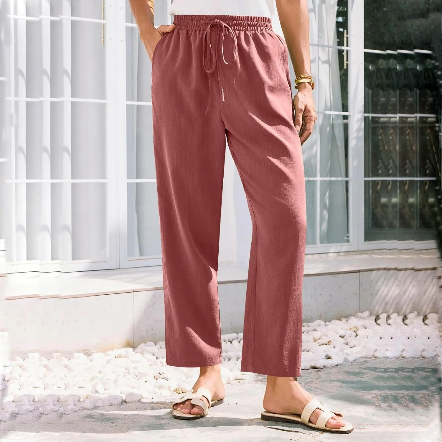 Women's Pants, Linen Casual Lounge Pants Peasant Straight Leg Elastic Waist Wide