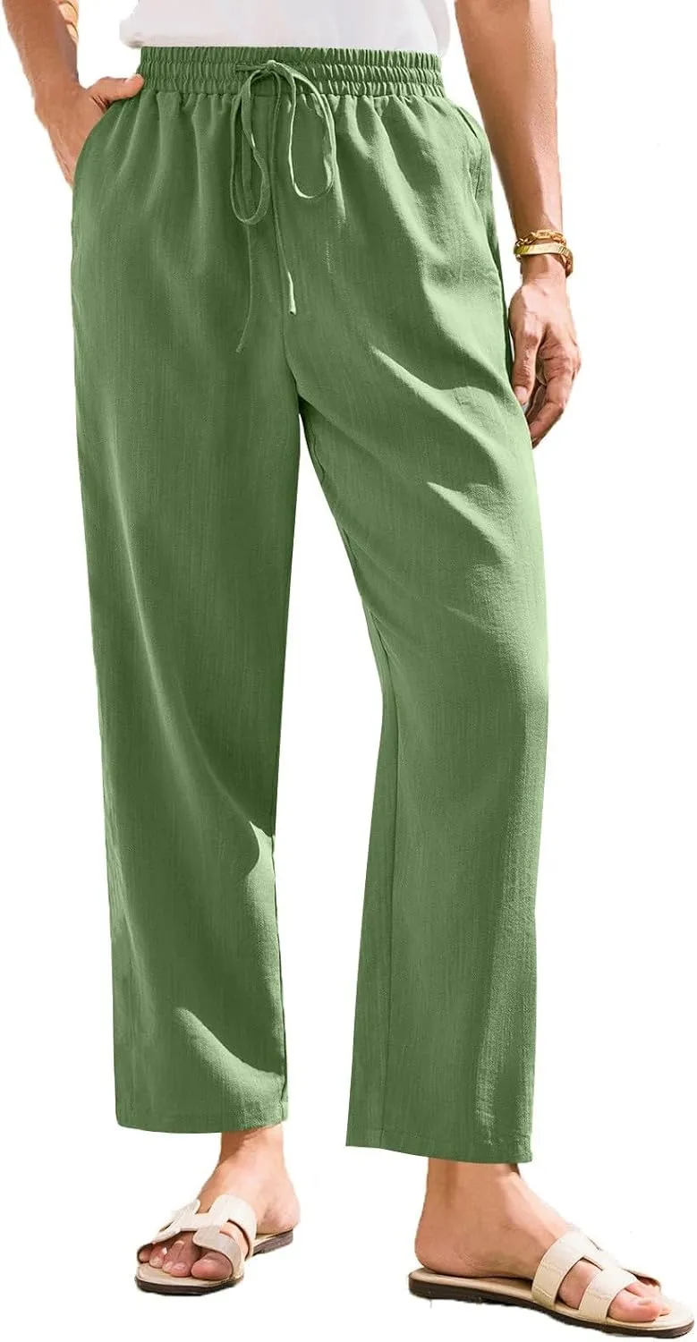Women's Pants, Linen Casual Lounge Pants Peasant Straight Leg Elastic Waist Wide