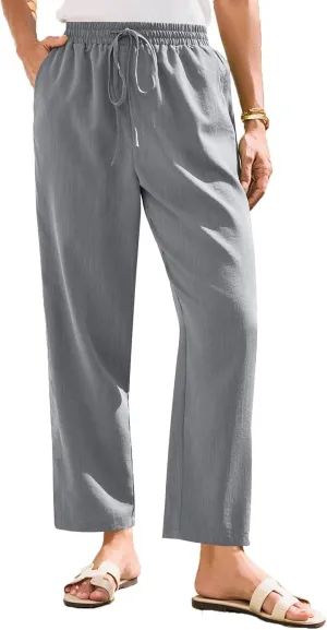 Women's Pants, Linen Casual Lounge Pants Peasant Straight Leg Elastic Waist Wide