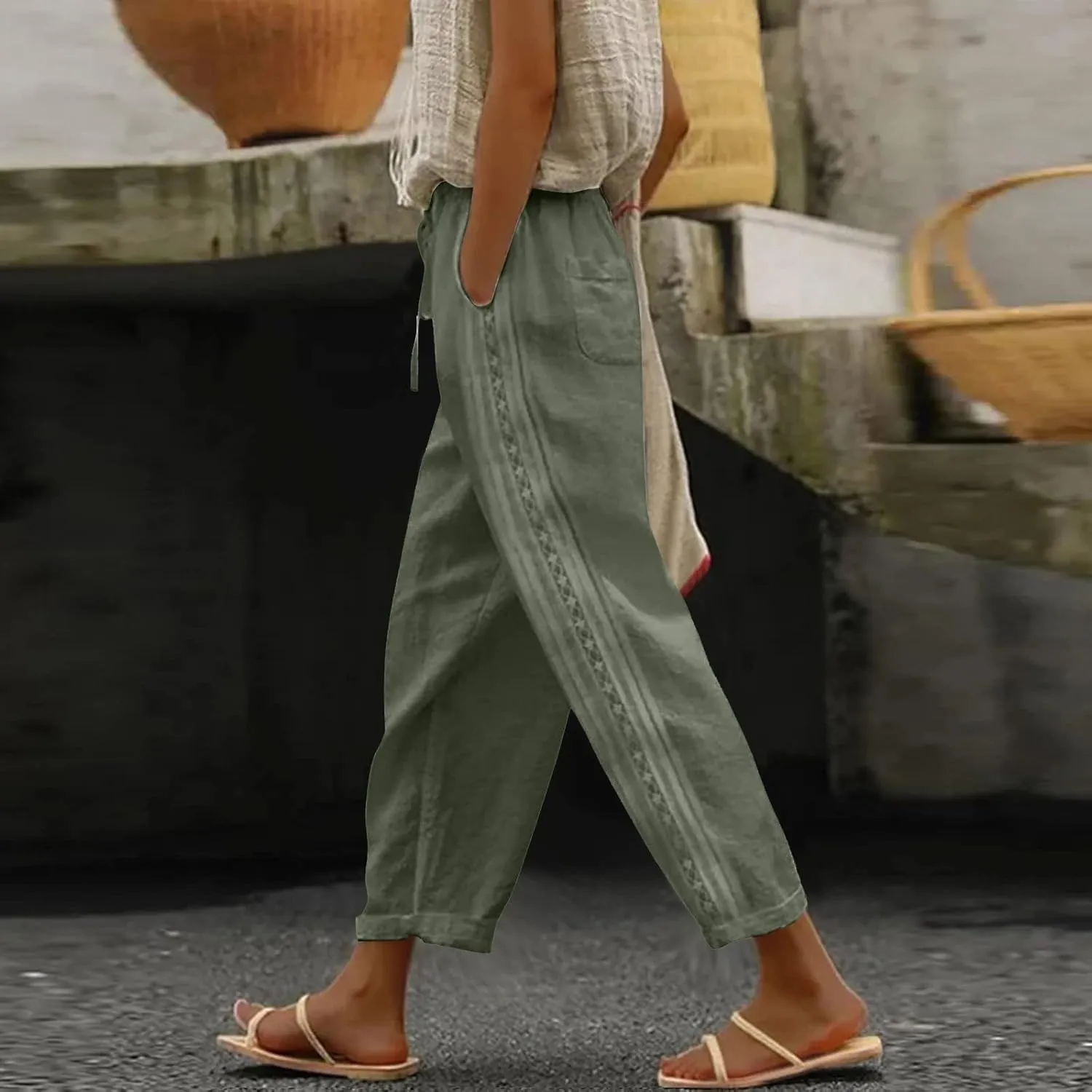 Womens Pants, Linen Peasant Pants Casual Straight Leg Trendy Elastic Waist Drawstring