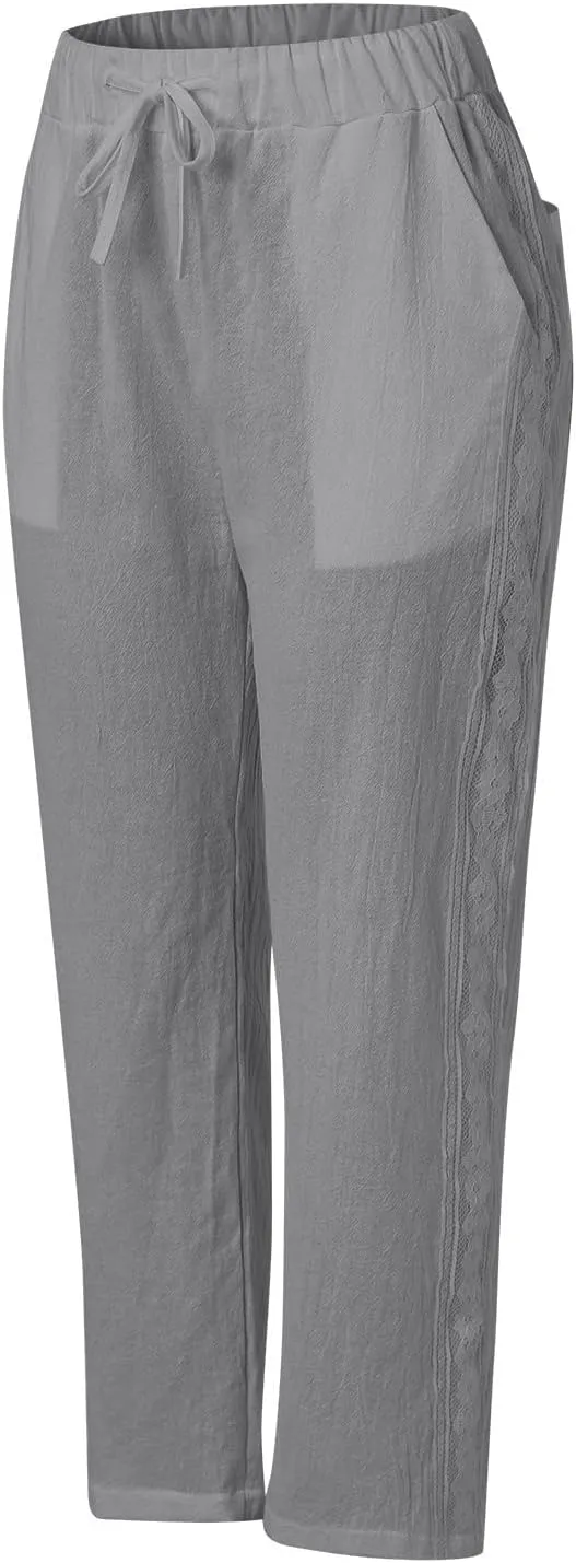 Womens Pants, Linen Peasant Pants Casual Straight Leg Trendy Elastic Waist Drawstring