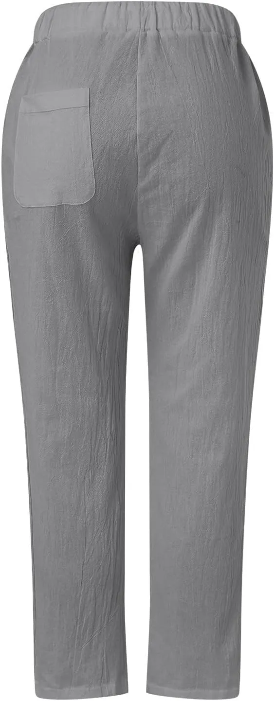 Womens Pants, Linen Peasant Pants Casual Straight Leg Trendy Elastic Waist Drawstring