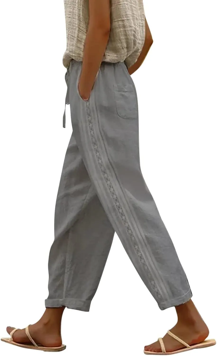 Womens Pants, Linen Peasant Pants Casual Straight Leg Trendy Elastic Waist Drawstring