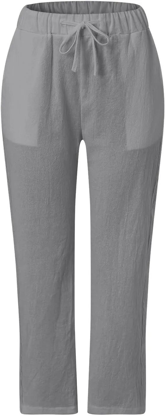 Womens Pants, Linen Peasant Pants Casual Straight Leg Trendy Elastic Waist Drawstring