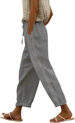 Womens Pants, Linen Peasant Pants Casual Straight Leg Trendy Elastic Waist Drawstring