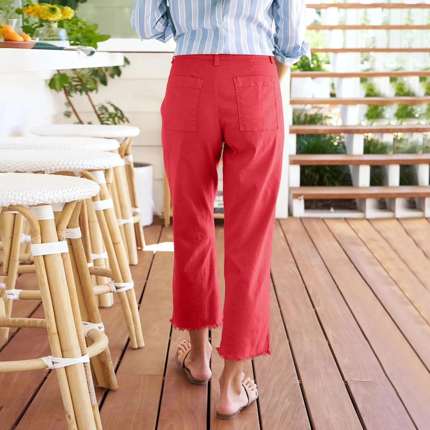 Womens Pants, Linen Straight Leg Peasant Pants Women's Casual Elastic Waist Workout