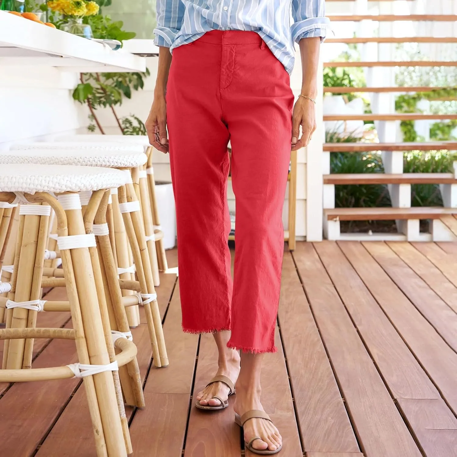 Womens Pants, Linen Straight Leg Peasant Pants Women's Casual Elastic Waist Workout