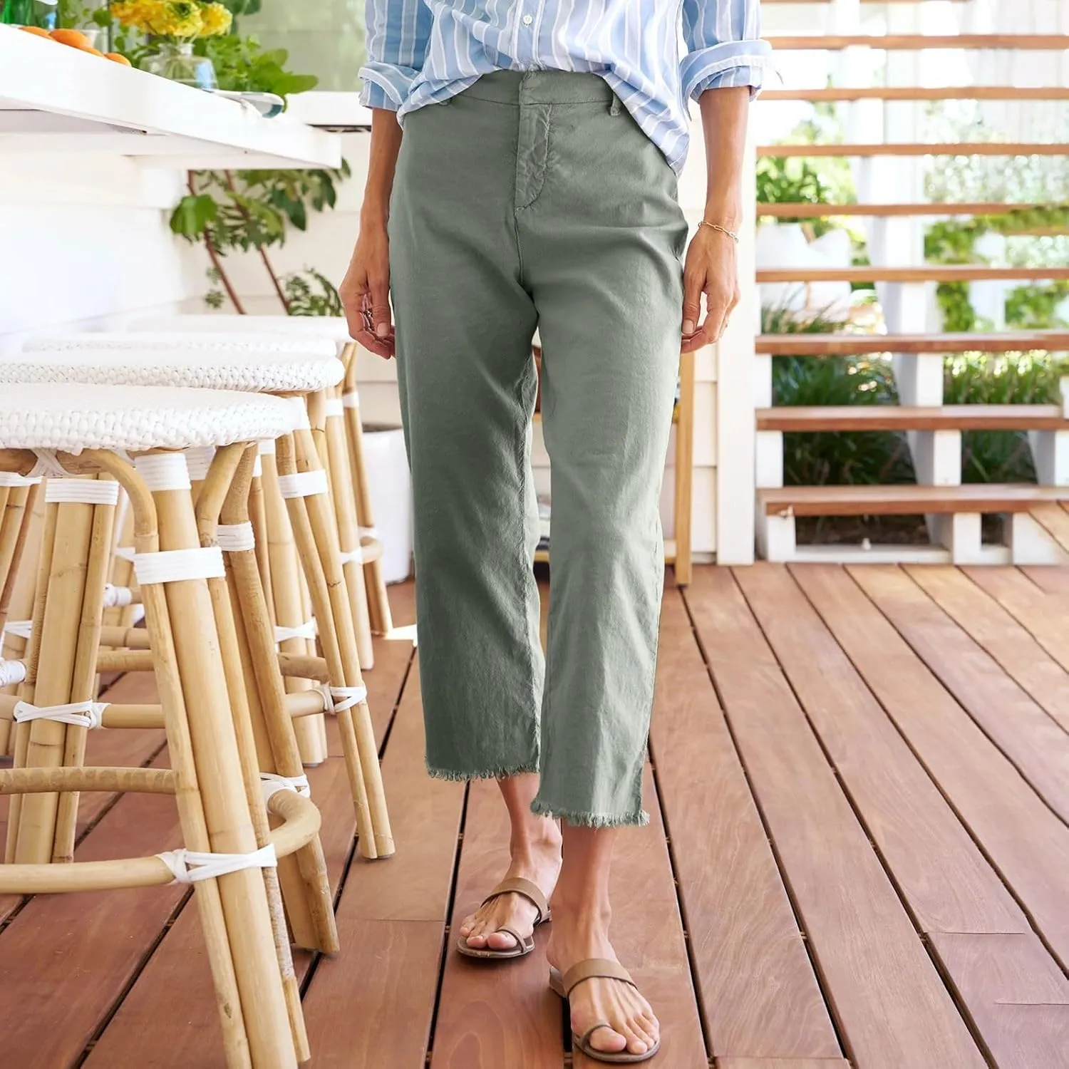 Womens Pants, Linen Straight Leg Peasant Pants Women's Casual Elastic Waist Workout